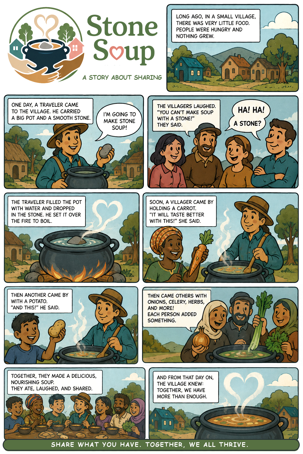 The Story of Stone Soup — a comic about a traveler who brings a village together by making soup from a stone, and everyone adds something to share.